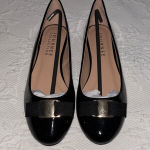 Journee Collection Black Patent Leather Flats with Metallic Accent